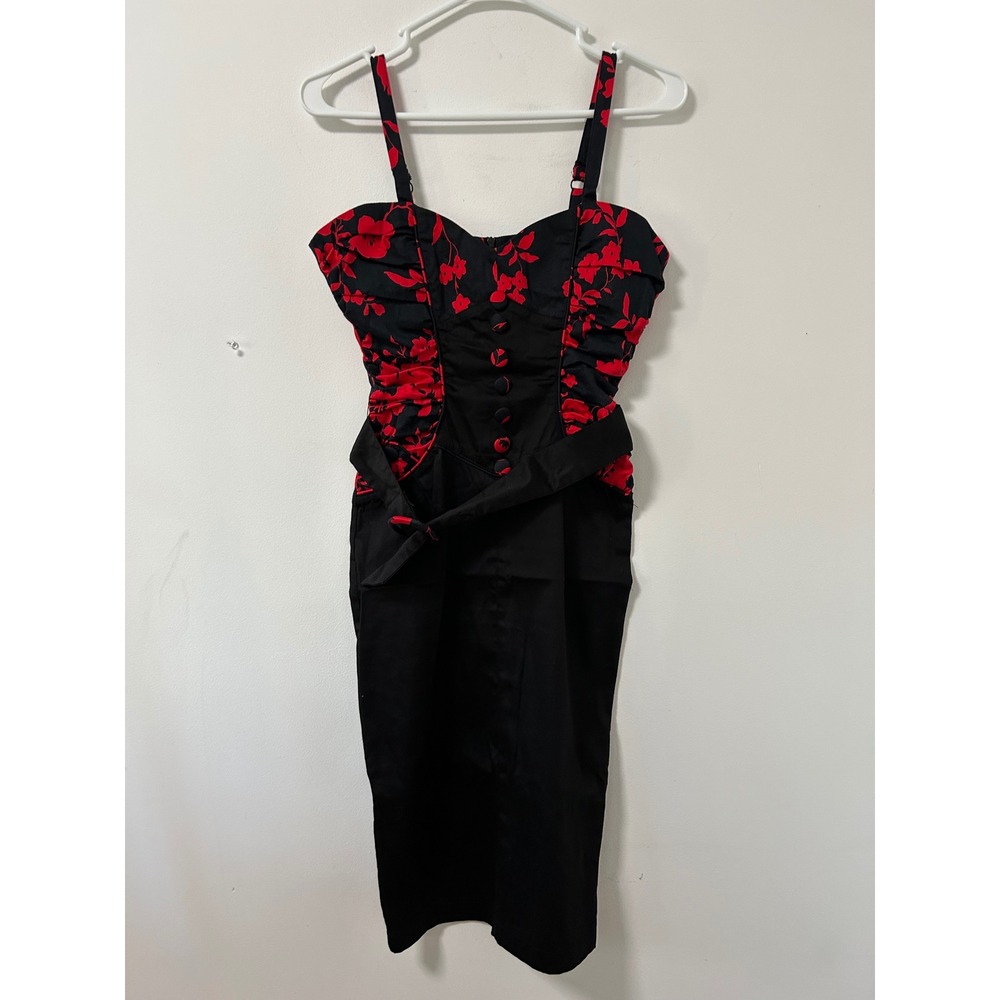 Living Dead Souls Floral Ruched Pencil Dress Womens Small Black Red Rockabilly